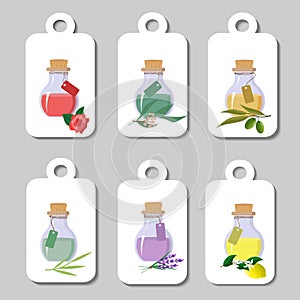 Set of labels with jars of oils for spa treatments. Lemon, eucalyptus, green tea and lavender oils, rose and olive oils.