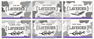 Set of labels for lavender cosmetics packaging design. Organic cosmetics and natural care.