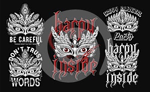 Set of labels with masquerade mask, feathers, staring eyes behind, text.