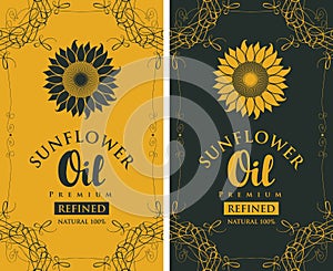 Set labels for refined sunflower oil with curlicue