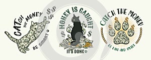 Set of labels with silhouette of cat, 100 US dollar bills, gold coins, cats paw footprint, dollar sign, text.