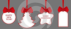 Set labels and stickers with red bows. Holiday Christmas or New Year symbols. Vector