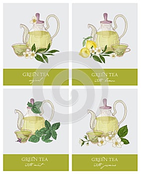 Set of labels or tags with elegant glass teapot, cup, green tea leaves, flowers, lemon, mint and jasmine. Collection of