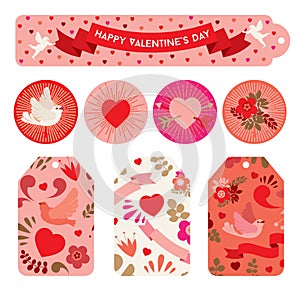 Set of labels to celebrating Valentine`s day in red shades.