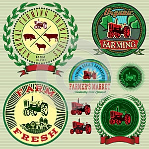 Set of labels with a tractor for livestock and crop