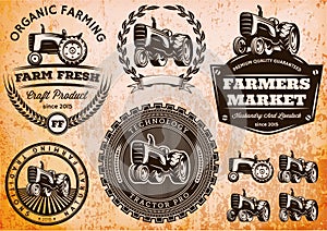 Set of labels with a tractor for livestock and crop