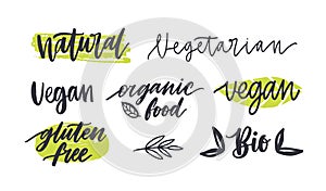 Set of labels with written inscriptions for gluten free, vegetarian, organic products, natural healthy food. Collection