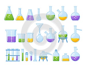 Set Of Laboratory Equipment Glass Flask, Beaker And Other Chemical And Medicine Measuring Glassware. Lab Testing Tools