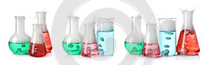 Set of laboratory flasks and beakers with colorful liquids on white background. Chemical reaction