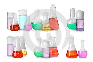 Set of laboratory flasks and beakers with colorful liquids on white background. Chemical reaction