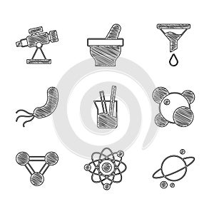 Set Laboratory glassware, Atom, Planet Saturn, Molecule, Bacteria, Funnel filter and Telescope icon. Vector