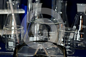 Set of laboratory glassware  on black background, Chemical, biological science laboratory glassware collection