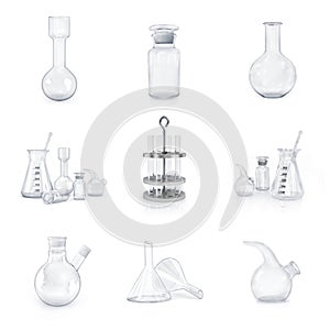 Set of laboratory glassware on white backg round. photo