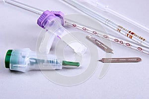 Set of laboratory supplies. Petri dish, Spectrophotometer quvettes, blood test, -tube,