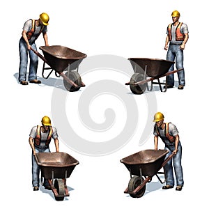 Set of Laborer with wheelbarrow - different views on white background