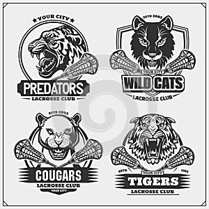 Set of lacrosse emblems, badges, logos and labels with tiger, cougars and wildcat. Print design for t-shirt.