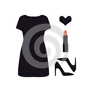 Set of ladies icon. Black simple dress, shoes, lipstick and heart. Women`s accessories. Fashion beauty illustration in vector
