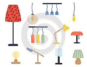 Set of lamps on a white background. Chandeliers, a porthole, a flashlight are elements of a modern interior. Vector