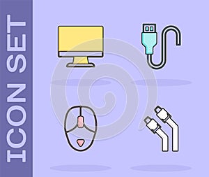 Set LAN cable network internet, Computer monitor screen, mouse and USB cord icon. Vector
