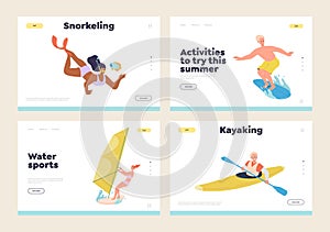 Set of landing page advertising water sport activity variety for summer vacation at beach resort