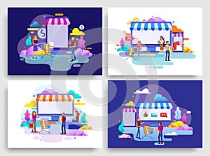 Set of Landing page design concept of online shop and e-commerce, business strategy and Shopping Online. Vector illustration