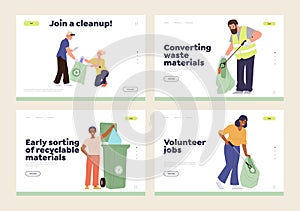 Set of landing page design template for online volunteering service caring for street cleanness