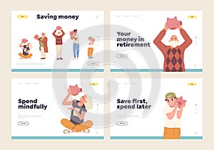 Set of landing page with people of different age holding piggybank and money savings concept