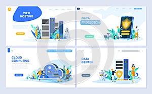 Set of landing page template for Hosting, Data Protection, Data Center, Cloud Computing. Modern vector illustration flat concepts