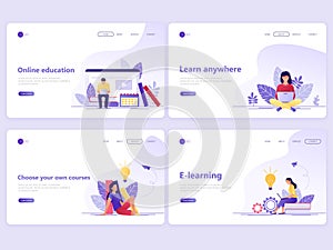 Set of Landing page templates. Distance education, online courses, e-learning, tutorials. Flat vector illustration concepts for a