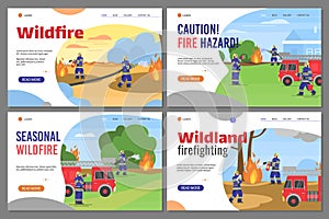 Set of landing page templates of firefighters extinguishing a fire in the wildland