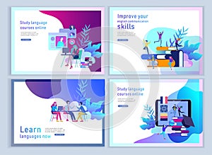 Set of Landing page templates for Online language courses, distance education, training. Language Learning Interface and