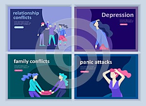 Set of Landing page templates for psyhology mental problems, depression panic attacks, paranoia anger control