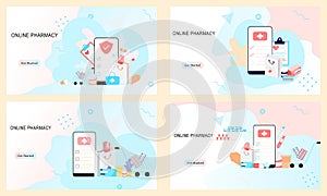 Set of landing pages of online pharmacy, healthcare, drugstore app concept. Vector of online prescription drugs, first aid kit and
