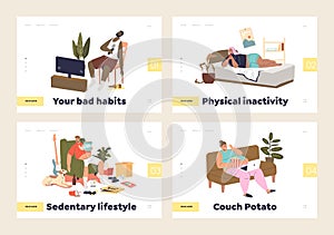 Set of landing pages with people suffer sedentary lifestyle and bad inactive habits at home