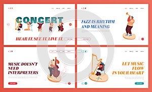 Set of Landing Pages of Symphony Orchestra Playing Classical Music Concert, Musician with Instrument Harp Performing