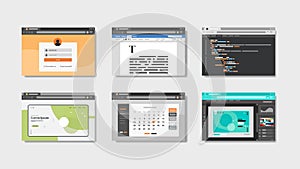 Set landing pages website templates in web browser windows application development concept