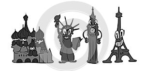 A set of landmarks,the Kremlin,the Statue of Liberty,Eiffel big Ben vintage toons: funny character, vector illustration
