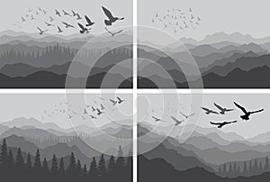 Set of landscape banners with silhouettes of birds over mountains and forest