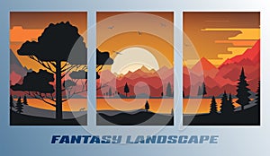 Set of landscape cartoon design posters with the sun and mountains. Vector illustration