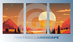 Set of landscape cartoon design posters with the sun and mountains. Vector illustration