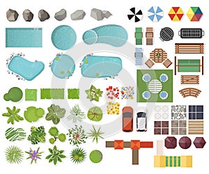 Set Landscape elements, top view. Garden, tree, lake, swimming pools, bench, table.Landscaping symbols, Outdoor furniture set isol