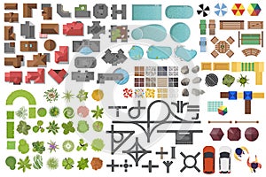 Set Landscape elements, top view. House, garden, tree, lake, swimming pools, bench, road, cars, people. Landscaping symbols set photo