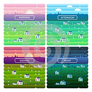 Set of landscapes of countryside and nature. Morning, evening, noon, night, sunset, dawn. Houses, green grass and sky. Vector illu