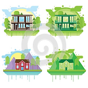 Set of landscapes with modern houses. Family home or tourist house in flat design. Green silhouette. Eco illustration