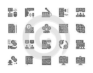 Set of Language Translation Grey Icons. Education, Chat, E-book, Radio and more.