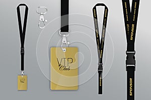 Set of lanyard and badge. Design example vip pass. Badge credit