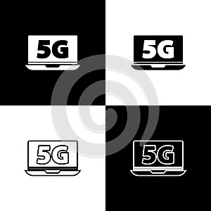 Set Laptop with 5G new wireless internet wifi icon isolated on black and white background. Global network high speed