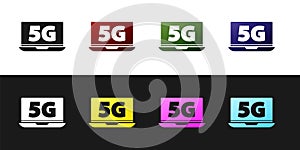 Set Laptop with 5G new wireless internet wifi icon isolated on black and white background. Global network high speed