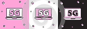 Set Laptop with 5G new wireless internet wifi icon isolated on pink and white, black background. Global network high