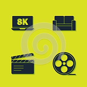 Set Laptop with 8k, Film reel, Movie clapper and Cinema chair icon. Vector